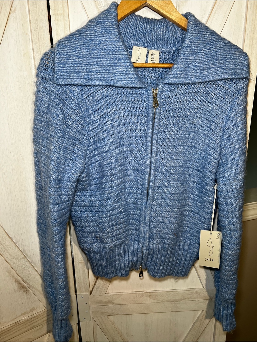 Joie Sky Blue Zip-Up Knit Cardigan with Wide Collar